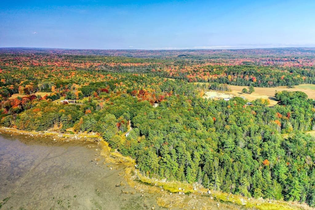 Aerial view of the wooded shoreline and rocky point meeting the tidal cove on the Blue Hill Peninsula in Penobscot, Maine.